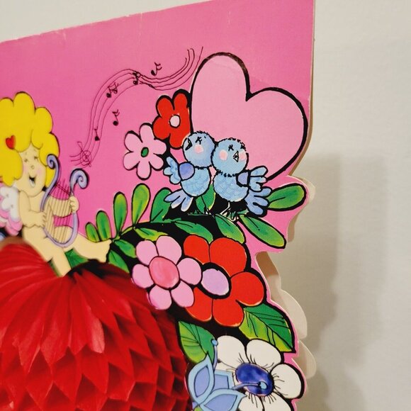 Vtg Norcross Stand Alone Valentine Paper Puff Heart Cupid Floral Pink Red Decor - Picture 3 of 9